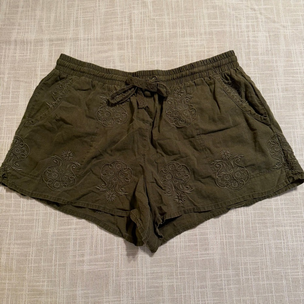 Anthropologie Mermaid Malini Olive Green Linen Embroidered Boho Shorts Size L